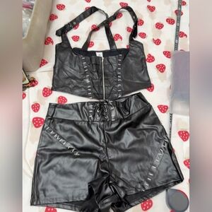 Black Faux Leather Crop Top and Shorts Set